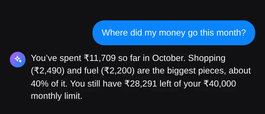 Asking MoneyOS “Where did my money go this month?” and getting an answer with real totals from the ledger