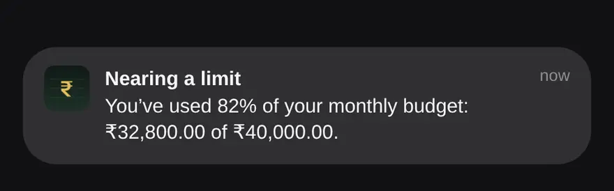 MoneyOS notification: Nearing a limit, 82% of the monthly budget used