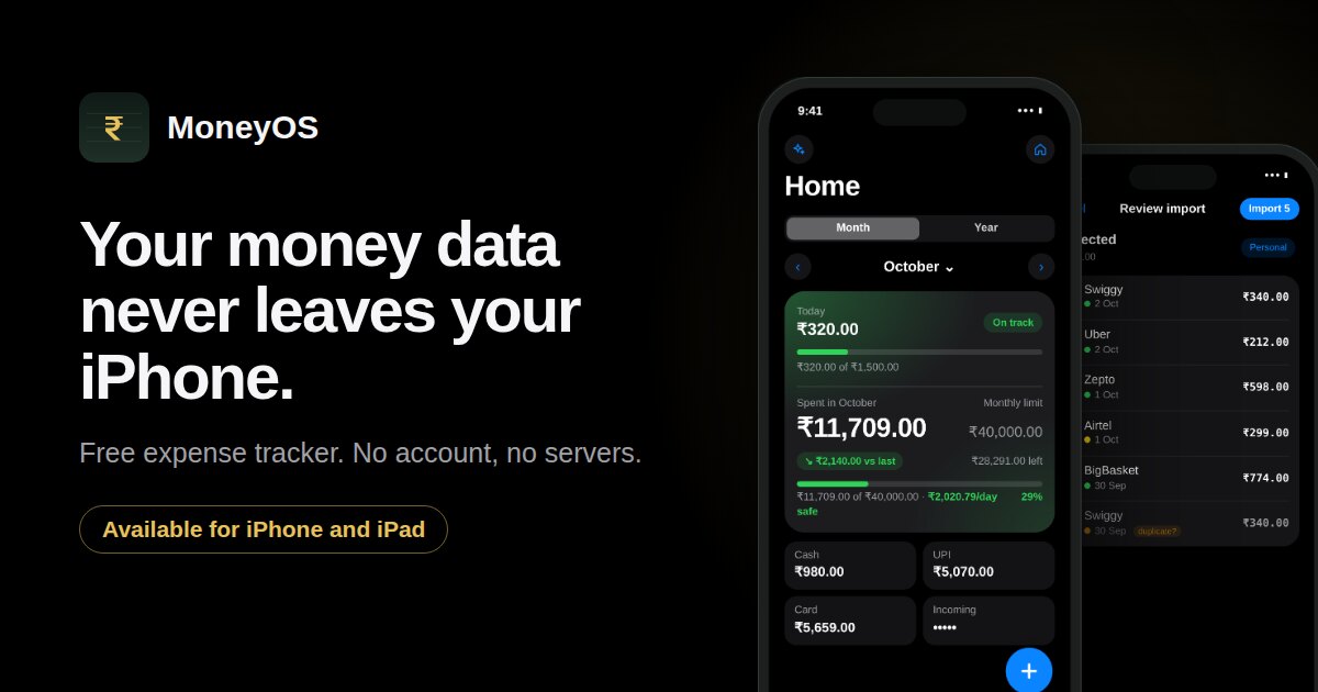 MoneyOS Home screen with the headline Your money data never leaves your iPhone