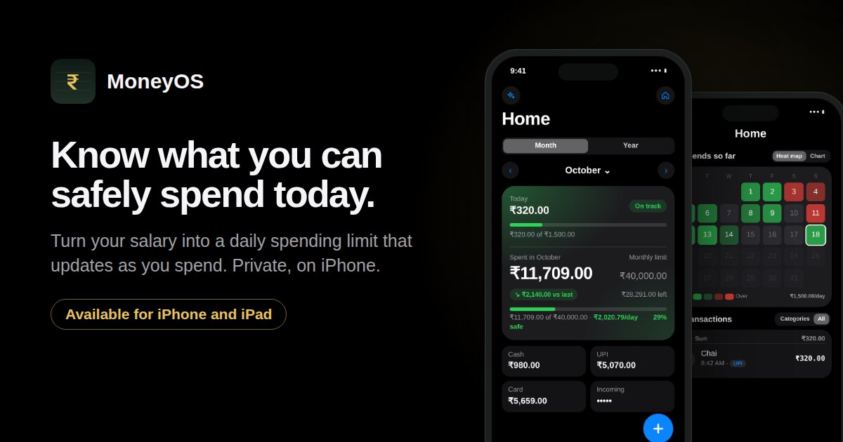 MoneyOS Home screen with the headline Know what you can safely spend today