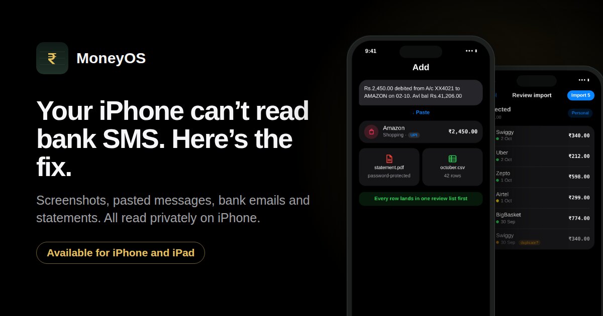MoneyOS paste screen with the headline Your iPhone can't read bank SMS, here's the fix