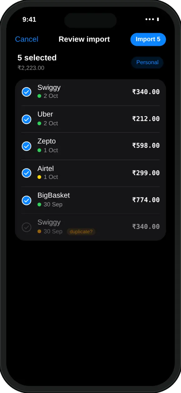 MoneyOS Review import list of payments read from UPI screenshots, with a possible duplicate unticked