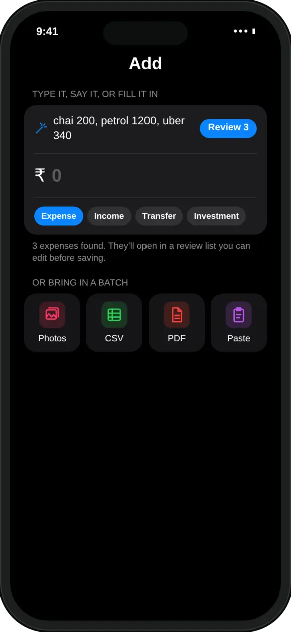 Typing one line in the MoneyOS Add screen finds three expenses to review